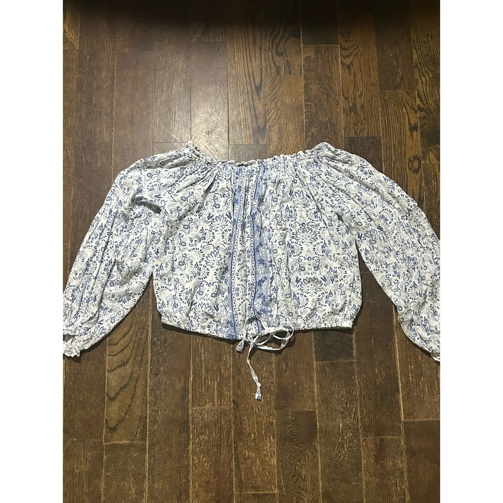 Hollister Sz S Bishop Sleeve Off Shoulder Floral Crop Cottage core Blouse Nwt‎